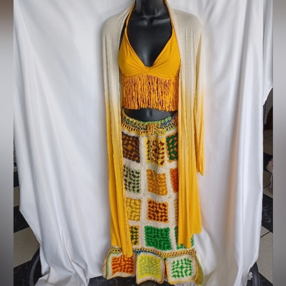 Bohemian 3 Pc Festival Outfit with Yellow Fringe Top, Crochet Skirt, & Cover-up